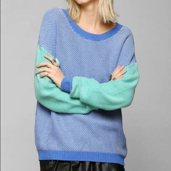 URBAN OUTFITTERS | Blue Green Colorblock Oversized Crewneck Sweater | Small - Picture 7 of 7
